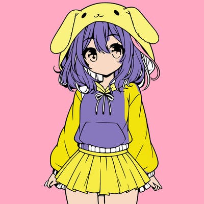 pretty anime girl wearing a fluffy hoodie with bunny ears on the hood and a skirt