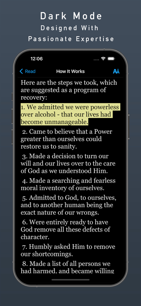 AA Big Book e-Reader + Audio - Screenshot of the AA Big Book app in dark mode displaying the Twelve Steps of recovery with the first step highlighted in yellow.