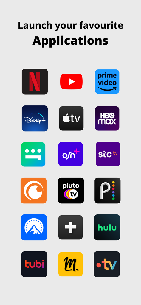 Cuadrícula de iconos de aplicaciones de streaming populares como Netflix y Disney Plus para lanzamiento rápido en Android TV a través de la aplicación de mando