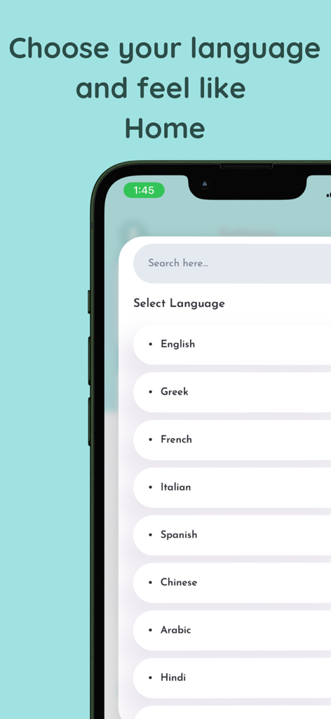 RadioPhone: Live Radio Station - Pantalla de selección de idioma en la aplicación RadioPhone que muestra opciones como inglés, griego y francés