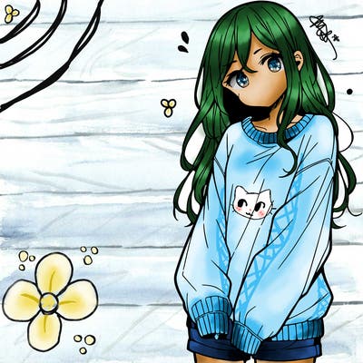 manga teen girl  in a sweater and baggy pants