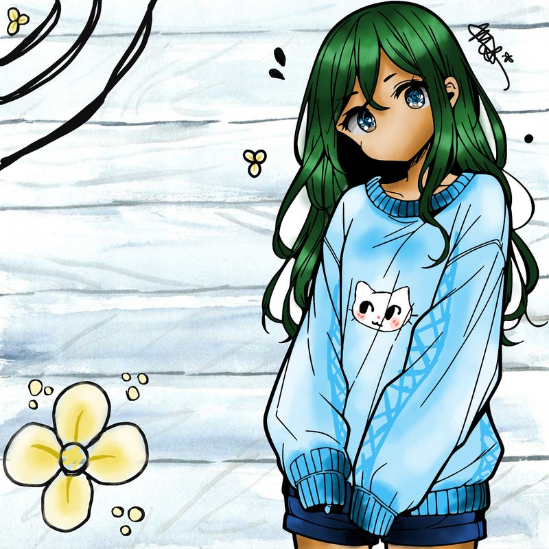 manga teen girl  in a sweater and baggy pants