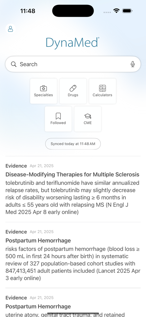 DynaMed - DynaMed mobile app home screen with clinical tools and evidence feed