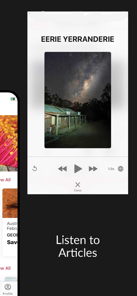 Australian Geographic Magazine - Interface do reprodutor de áudio no aplicativo Australian Geographic para ouvir artigos da revista