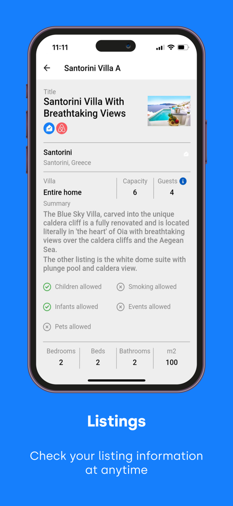 Hostify - Pantalla de la aplicación móvil Hostify que muestra información detallada de la lista de propiedades para una villa de alquiler vacacional.