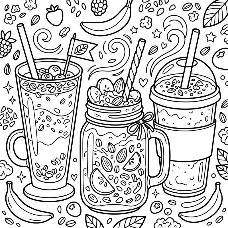 Kickstart your morning with a burst of creativity! This delightful coloring page features a variety of breakfast smoothies, packed with wholesome ingredients, ready for your artistic touch.