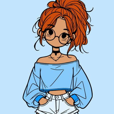 girl with a messy ponytail glasses a baggy crop top and jean shorts