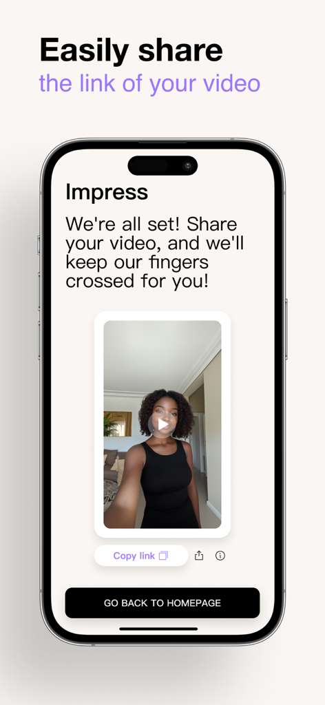 Smartphone screen showing the final step to copy and share a video application link in the Impress app.