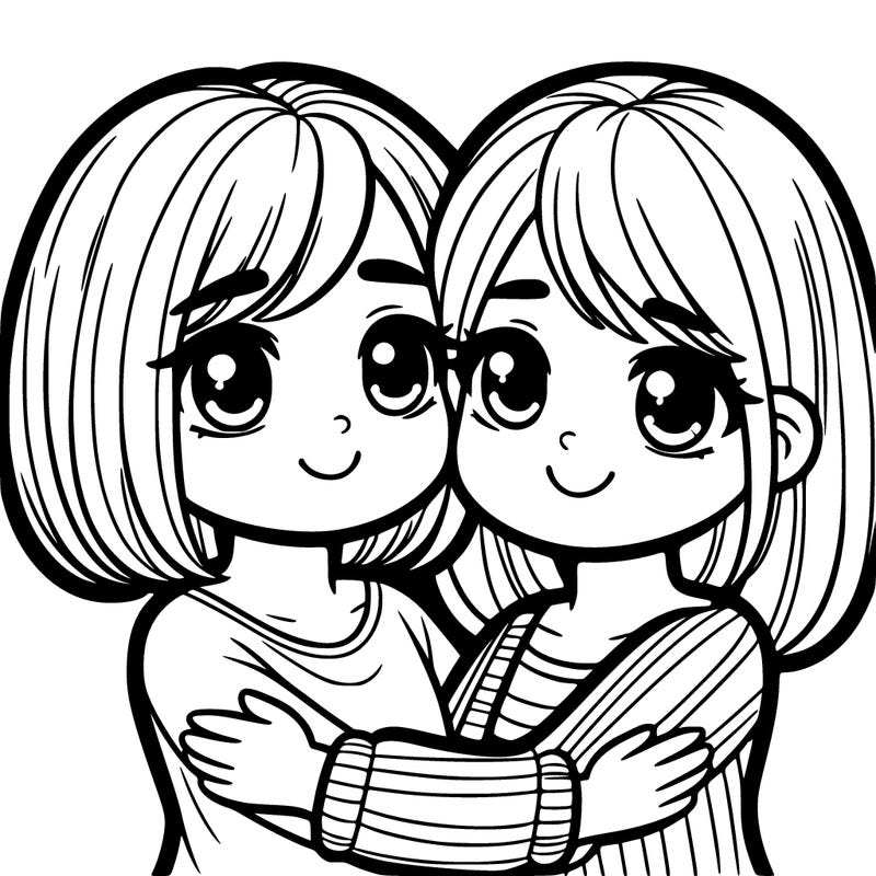 two girls hugging one with short hair one with long
