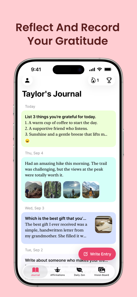 Gratitude: Self-Care Journal - The daily journal interface of the Gratitude app showing personalized entries with photos and text