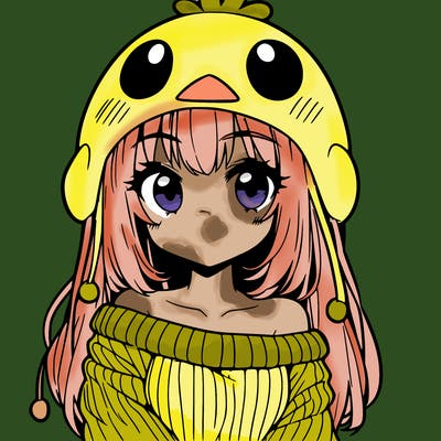 anime girl with chick shaped hat with sweater with bare shoulders with bangs covering them one eye with low tail