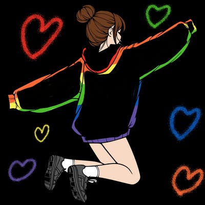 realistic girl jumping with a bun and oversized sweatshirt