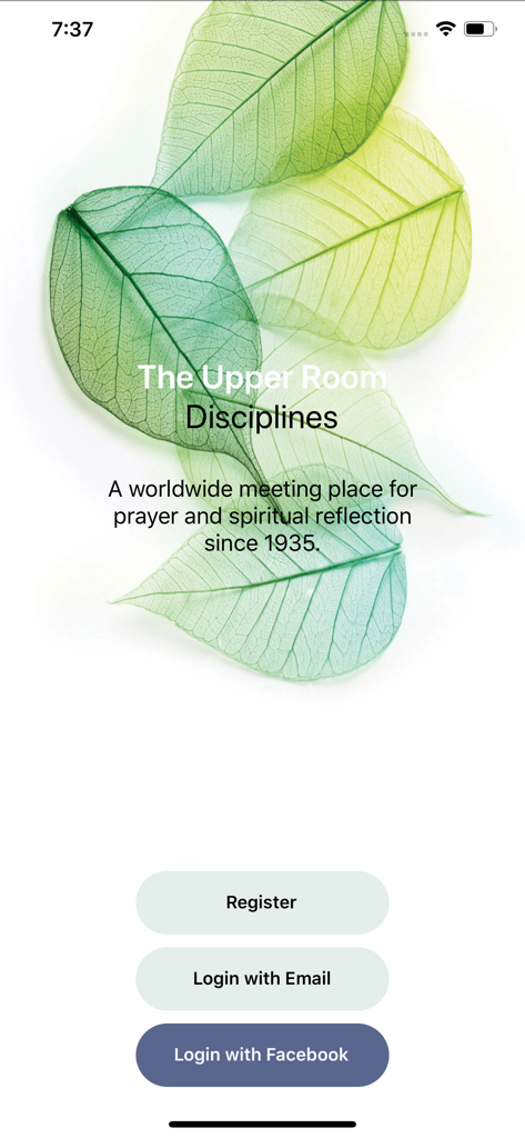 The Upper Room Disciplines - Welcome screen for The Upper Room Disciplines app with login and registration buttons over a background of green leaves.