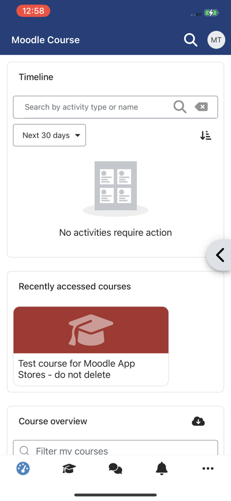 ETH Moodle - Dashboard der ETH Moodle App, das den Kurszeitplan und kürzlich aufgerufene Kurse anzeigt