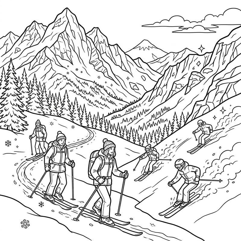 Get ready for an epic winter adventure with our Backcountry Skiers coloring page for kids! This exciting scene invites young artists to bring vibrant life to courageous skiers exploring pristine snowy mountains.
