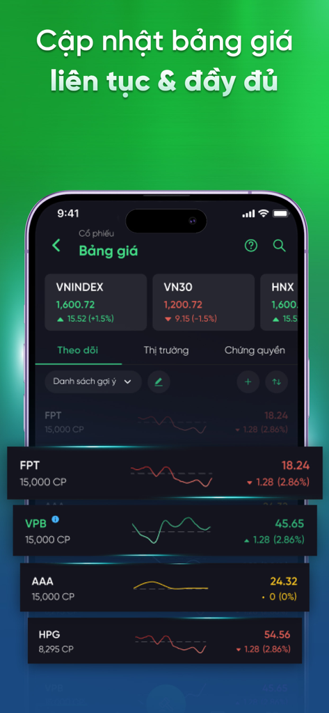 VPBank Securities NEO Invest app interface showing real time stock price updates and market indices