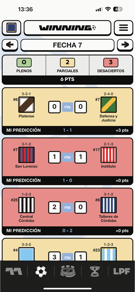 Winning Argentina - Winning Argentina app interface displaying soccer match predictions and results for Argentine league games