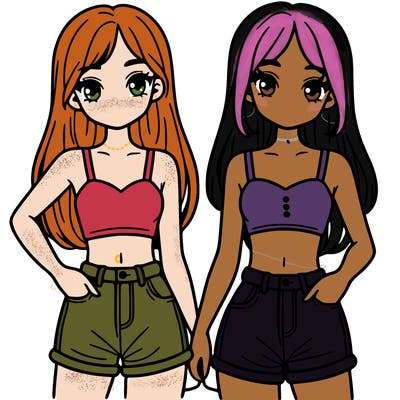 two sisters with crop tops and jean shorts and straight hair