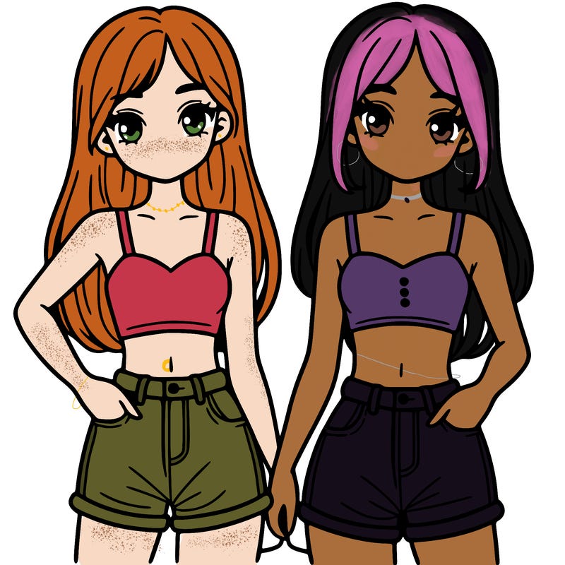 two sisters with crop tops and jean shorts and straight hair