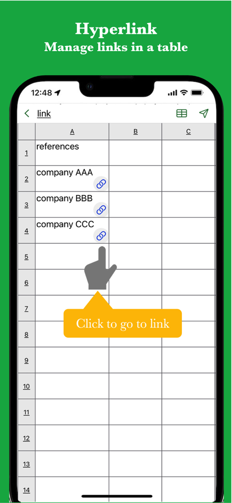 # Simple Table - Note as table - Smartphone screen showing clickable hyperlinks organized in a simple table grid.