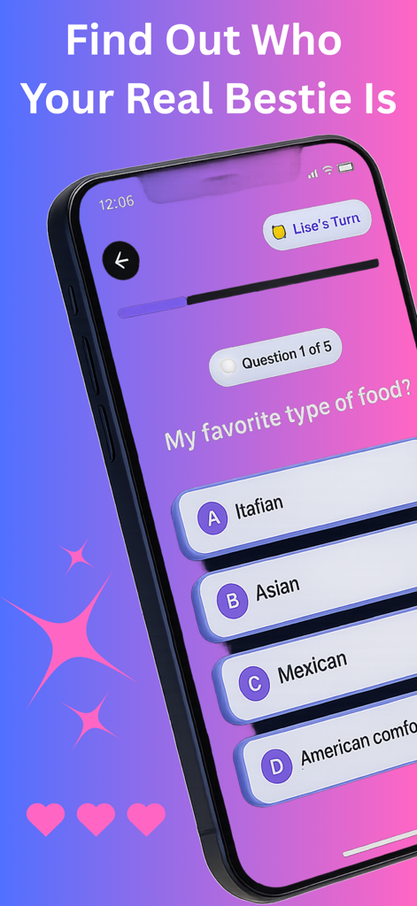 Ein Smartphone, das eine Freundschaftsquiz-Frage anzeigt, die nach dem Lieblingsessen mit mehreren Antwortmöglichkeiten fragt.