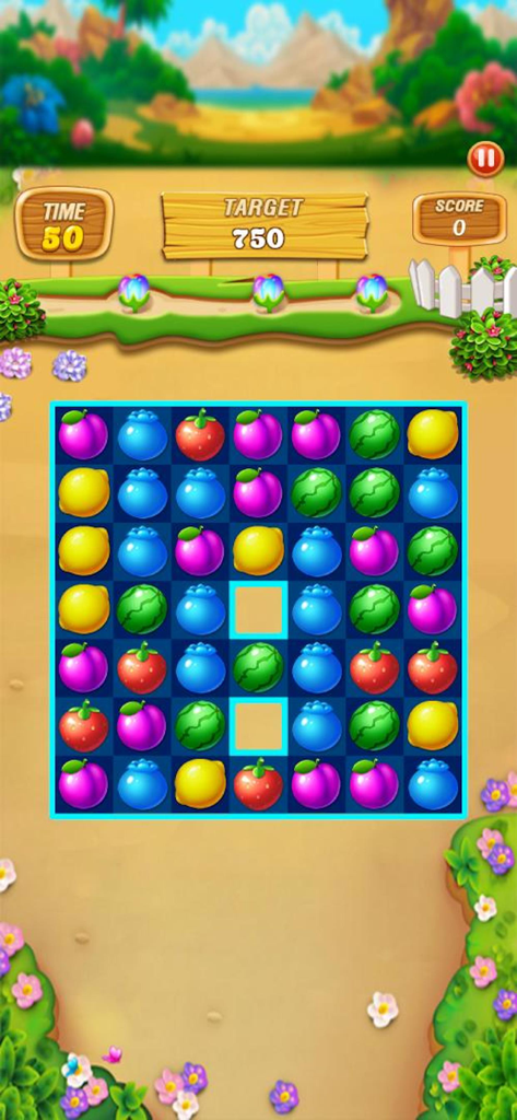 열대 배경의 다채로운 과일 그리드를 보여주는 Fruit Frenzy Link Match Puzzle의 게임 플레이