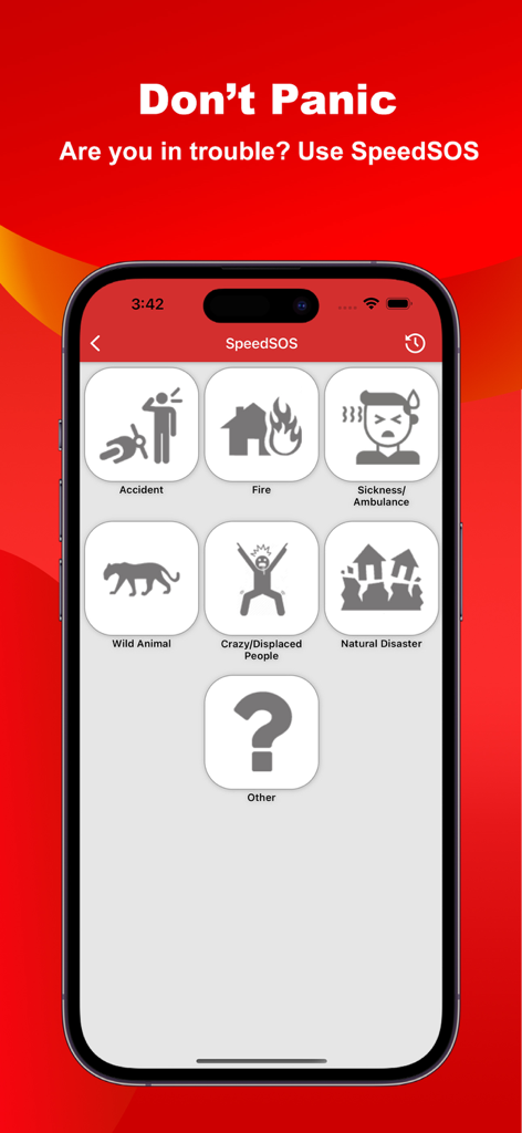SpeedID - SpeedID app SpeedSOS interface showing emergency reporting options for fire accidents and medical assistance