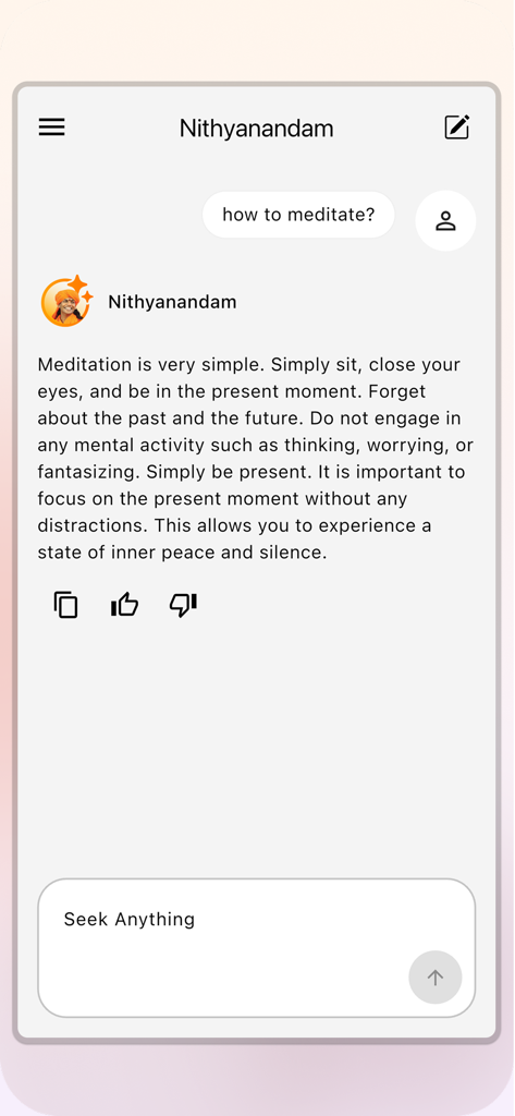 Chat interface of the Ask Nithyananda AI app providing spiritual guidance on how to meditate