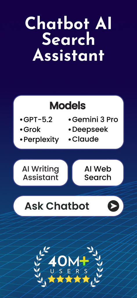 Chatbot AI - Smart Search Bot - Interfaz de la aplicación Chatbot AI Search Assistant que muestra los modelos de IA disponibles y las herramientas de asistente de escritura