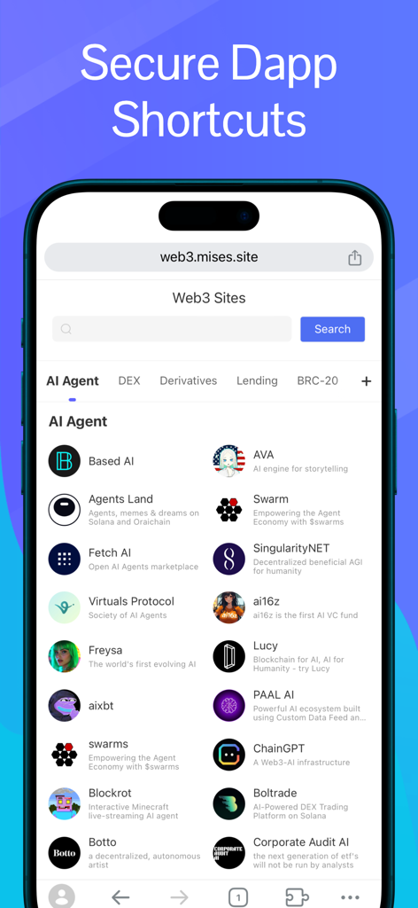 Mises Browser - Interface do Navegador Mises exibindo uma lista selecionada de atalhos seguros de DApps Web3 e agentes de IA.