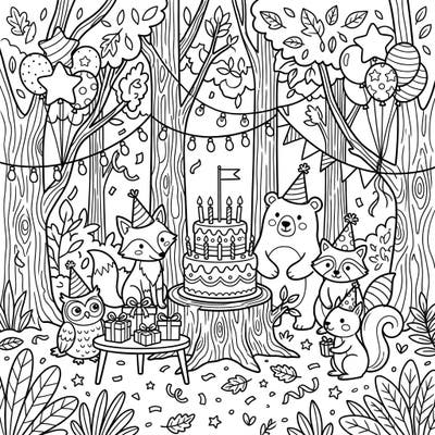 Join an adorable group of forest animals celebrating a lively birthday party in the heart of the woods. This delightful coloring page features festive decorations, a delicious cake, and presents, ready for your creative touch.