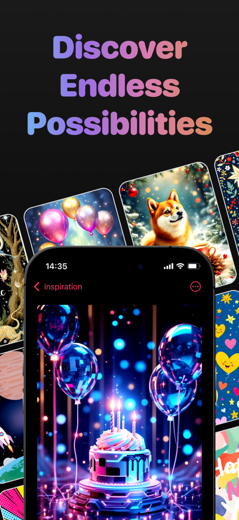 Wish Card Kit – Love Messages - Pantalla de la aplicación móvil con diseños de tarjetas de felicitación generadas por IA para cumpleaños y festividades.