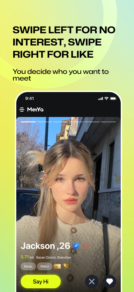Metya - Web3 Dating & Social - User profile interface on Metya Web3 dating app showing swipe right for like and swipe left for no interest options