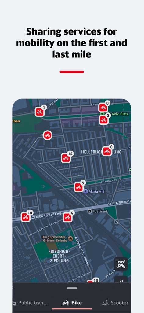 A screenshot of the DB Navigator app showing an integrated map with available bike sharing locations for first and last mile urban mobility.