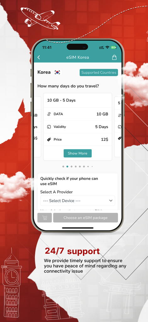 eSIM Travel & Internet Global - Interface de l'application eSIM Travel montrant un forfait de données de 10 Go pour la Corée et un message de support 24/7.