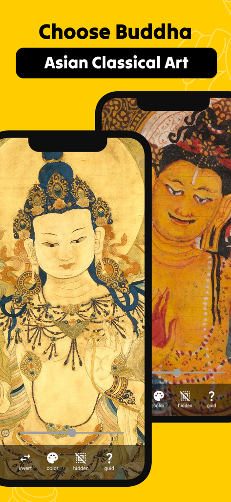 AR Buddha Drawing - Pantalla que muestra una selección de pinturas budistas clásicas asiáticas para calcar en la aplicación AR Dibujo de Buda.