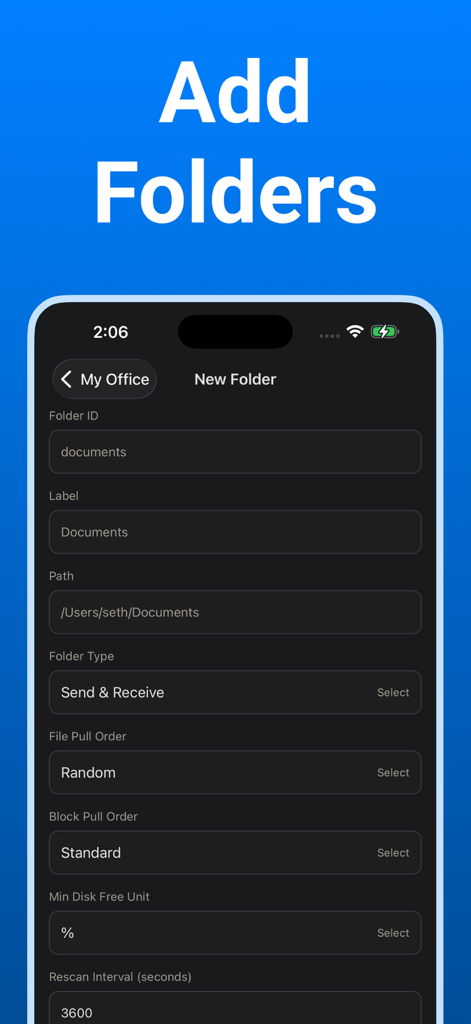 Syncthing Monitor - Interface of Syncthing Monitor app for adding a new folder with settings for path and folder type