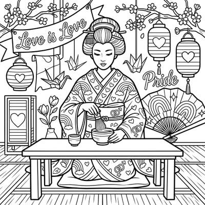 Immerse yourself in a beautiful fusion of Japanese culture and vibrant celebration with this Geisha Tea Ceremony Pride coloring page. Discover intricate details and meaningful symbols as you bring this unique scene to life.