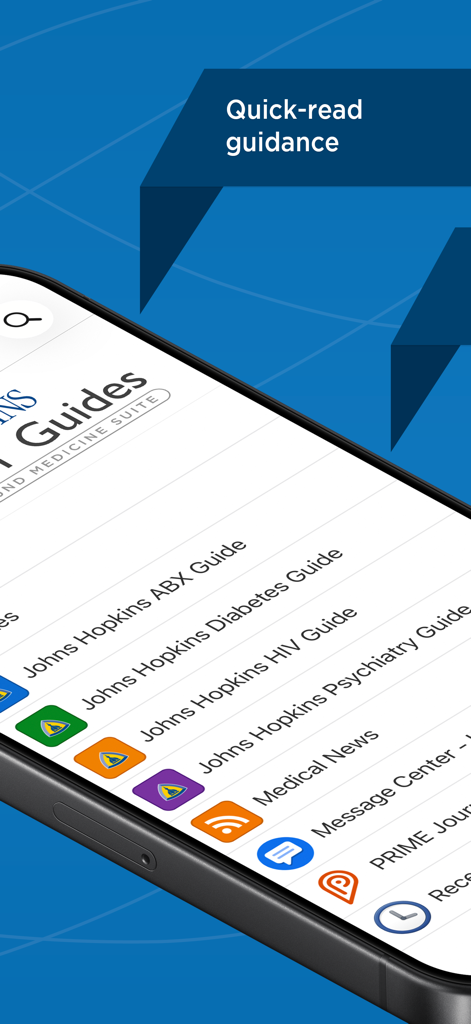 Johns Hopkins Antibiotic Guide - Main menu of the Johns Hopkins Guides app displaying clinical guides for ABX diabetes HIV and psychiatry on a smartphone screen.
