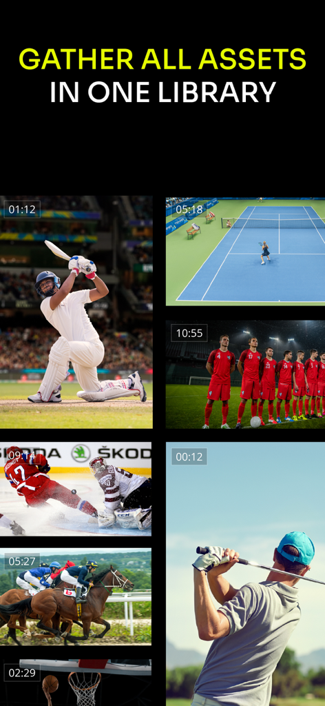 WSC Sports - WSC Sports app interface showing a library of organized video assets from various sporting events