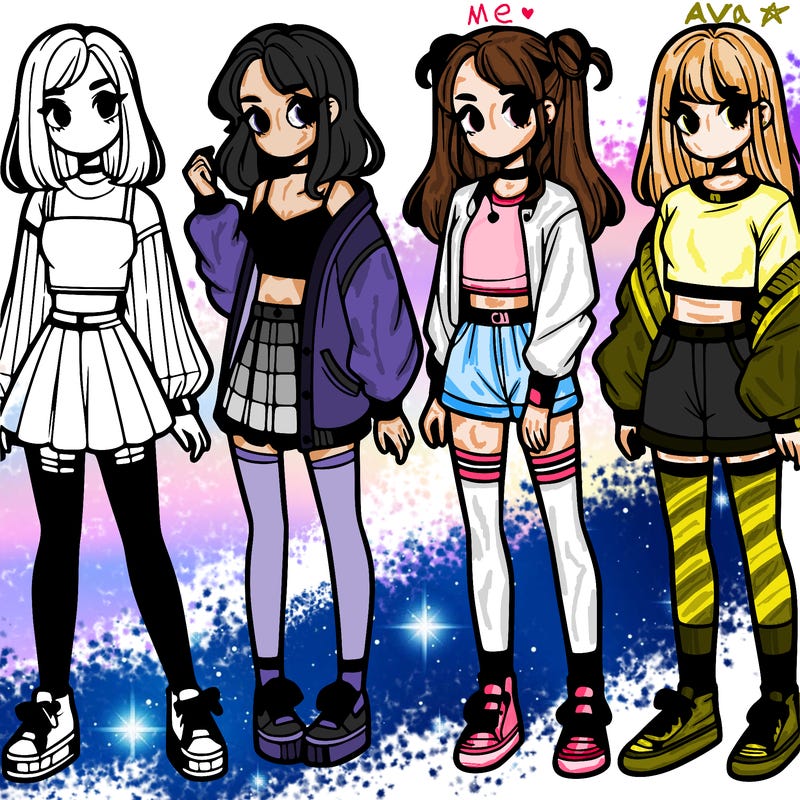 one girl with crop-top shirt and a jacket with a skirt, long socks and another girl with a shirt and pants with a jacket