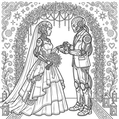 Step into a world where ancient technology meets eternal love with this Relic Cyborg Wedding coloring page. Explore a beautifully detailed scene of two cybernetic sweethearts exchanging vows under a romantic floral arch.