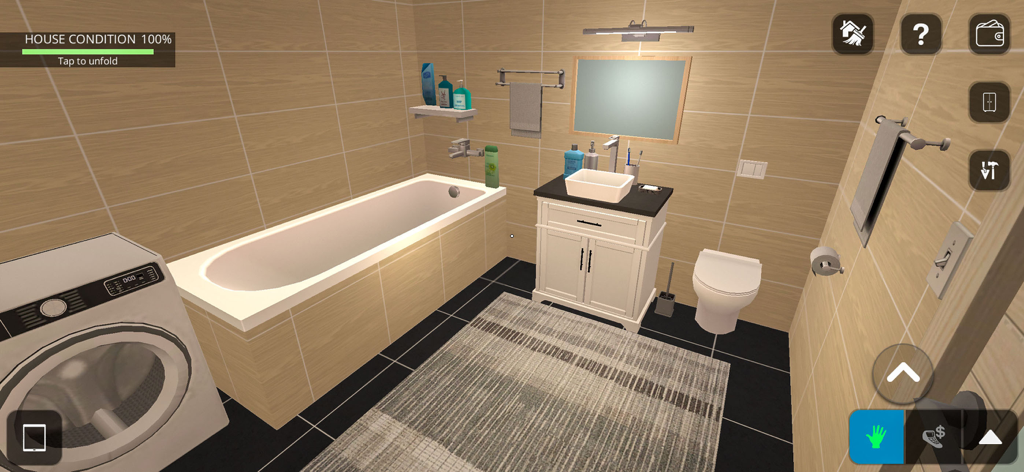 Design d'intérieur de salle de bain moderne dans le simulateur House Designer Fix and Flip avec une baignoire et une vanité.