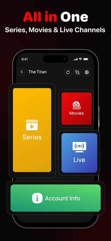 IPTV Smarters app interface showing categories for movies series and live TV