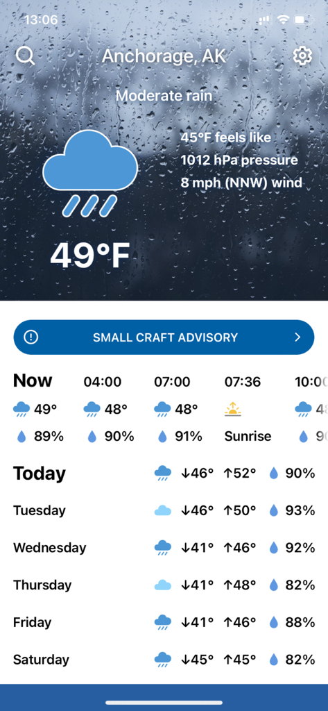Weather and Climate Tracker - Weather app screen showing Anchorage rainfall forecast with large high contrast text and a small craft advisory alert.