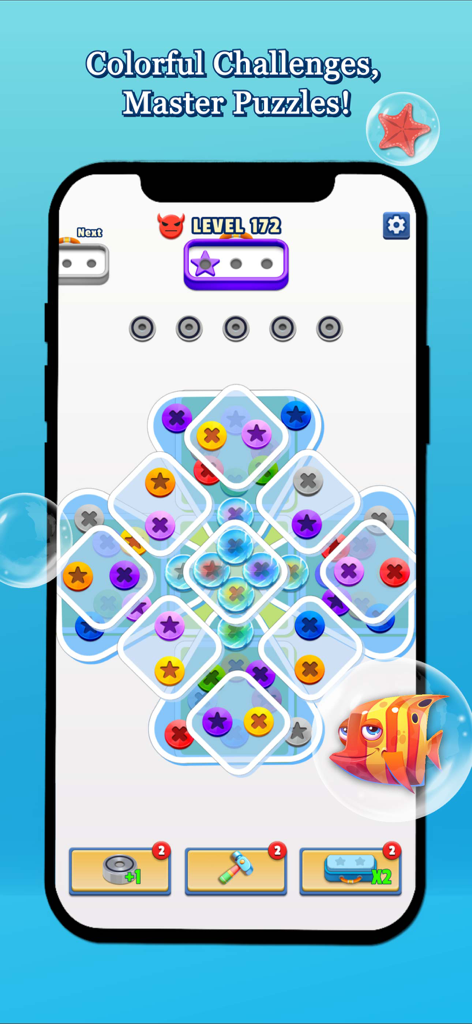 Screw Ocean: Match Revolution - Jugabilidad colorida de rompecabezas de tornillos en Screw Ocean Match Revolution mostrando el nivel 172 con un tema oceánico.