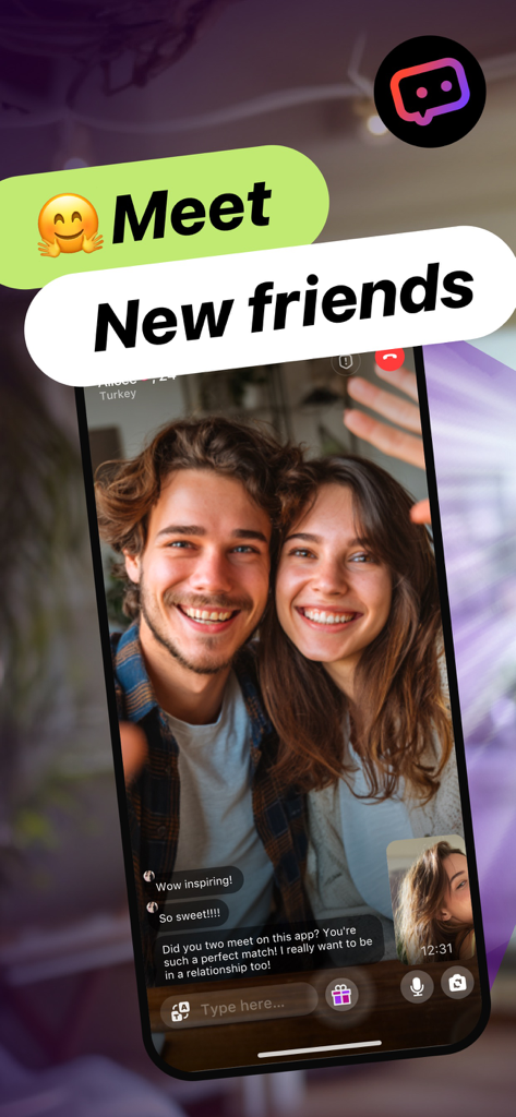 A video call on Fachat showing two friends smiling with the text Meet New friends