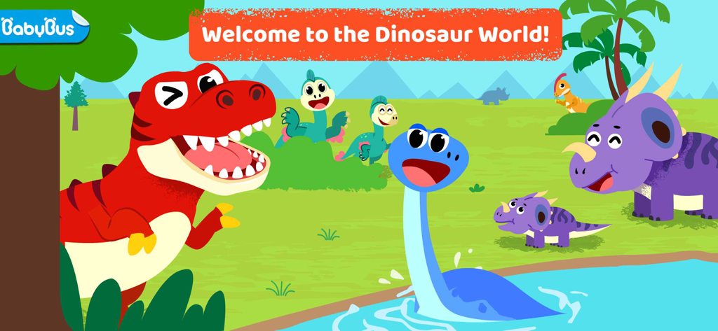 Colorful cartoon dinosaurs in a grassy landscape with a Welcome to the Dinosaur World banner