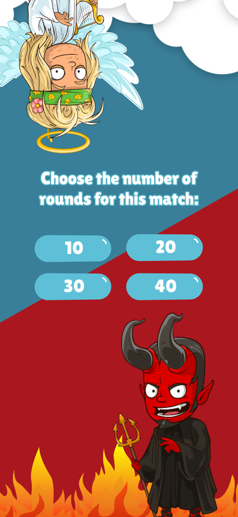 Round selection screen in the Truth or Dare Dirty app featuring angel and devil characters