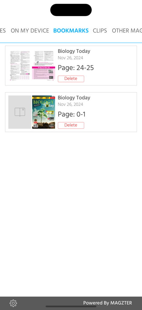 Biology Today - Bookmarks screen showing saved pages in the Biology Today educational app